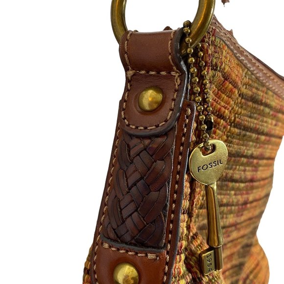 Fossil Shoulder Bag 16 inch Drop 3 Inside Pockets Plaid Fabric Brown Red Orange - Picture 5 of 8